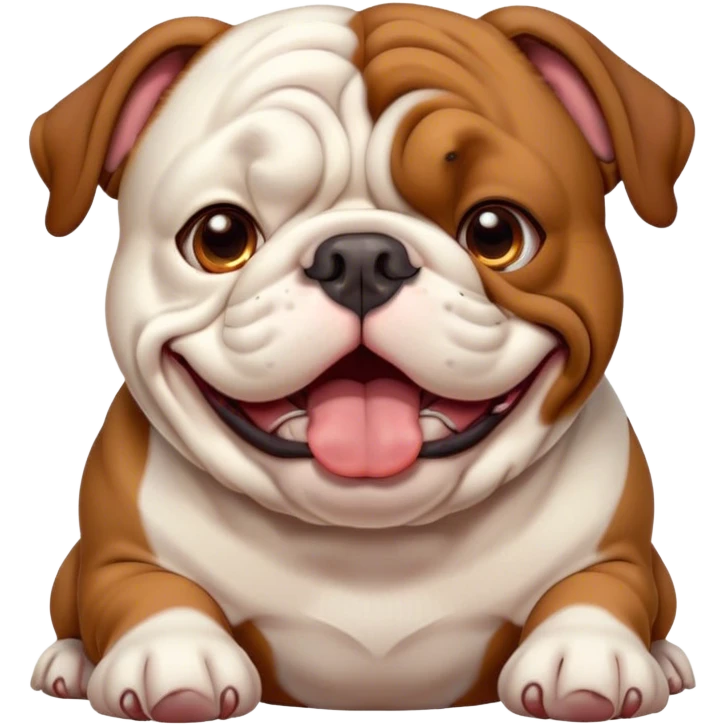 Cinematic Cute Yawning Brown and White English Bulldog Portrait Emoji, Head tilted slightly with a dramatic, wide-open yawn, showcasing a smooth brown and white coat with a defined pattern, floppy ears slightly drooping, round brown eyes barely open in drowsy contentment, Simplified yet irresistibly adorable features, highly detailed, glowing with a soft, cozy glow, high shine, relaxed yet expressive, stylized with a touch of whimsy, bright and endearing, soft glowing outline, capturing the essence of a sleepy yet affectionate guardian, so drowsy it feels like it could stretch out of the screen and curl up for a nap! emoji