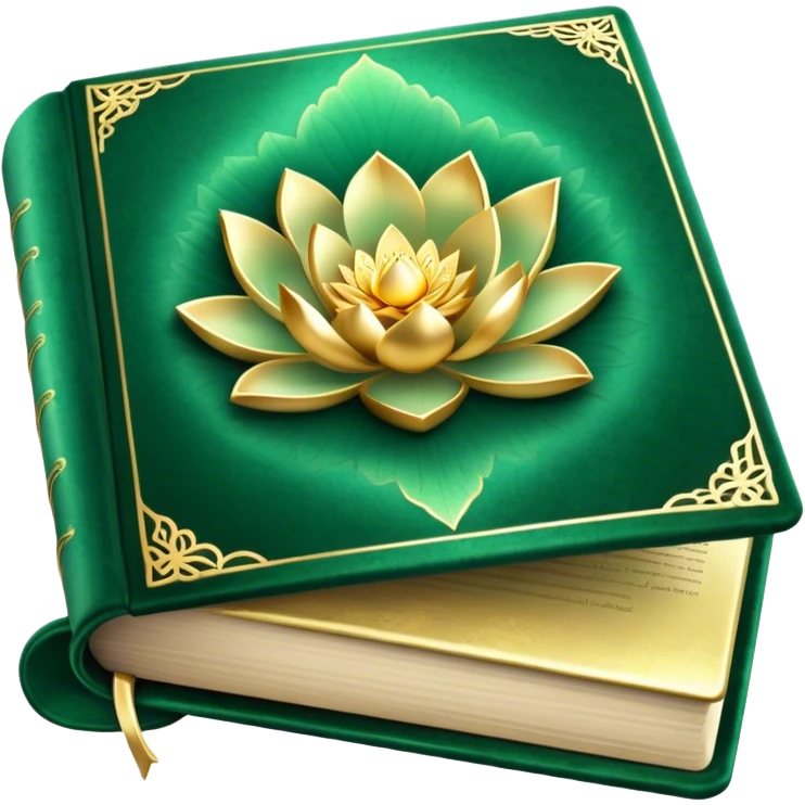 A soft emerald green magic book front cover en terciopelo, with golden details, a ray of light, or a lotus on the cover, radiating presence, tranquility, and spiritual awakening emoji