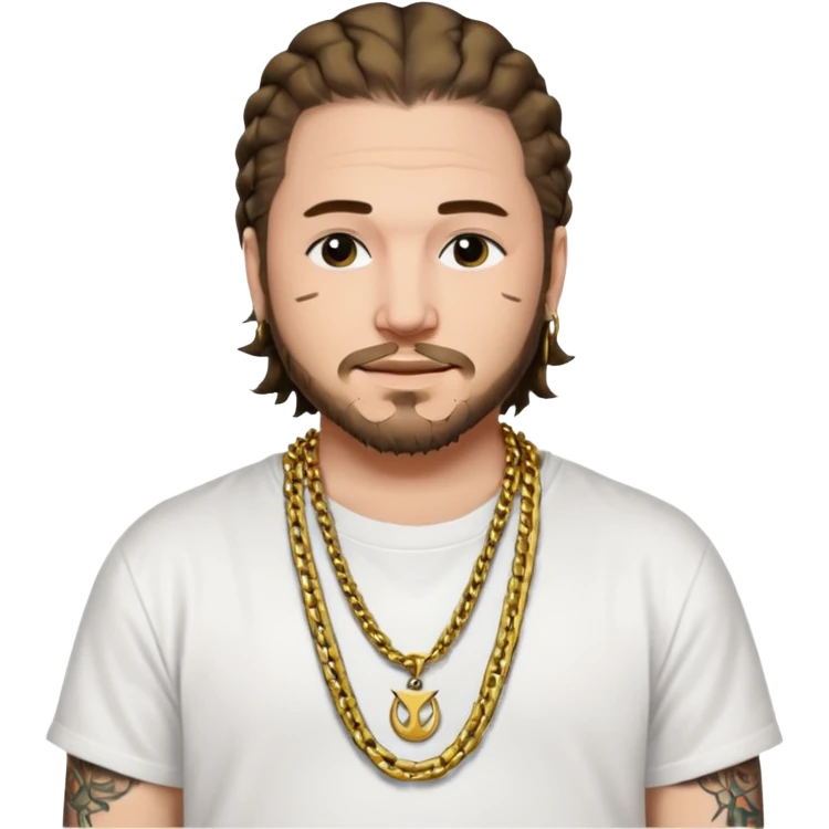 post malone with gold chain necklace, having tattooed emoji