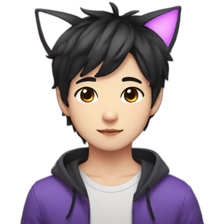 Cute japanese boy with cat ears, black medium hair and purple eyes emoji