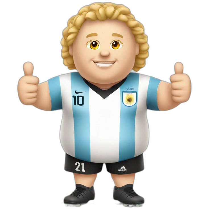 obese white man play soccer. argentina uniform. Thumbs up  emoji