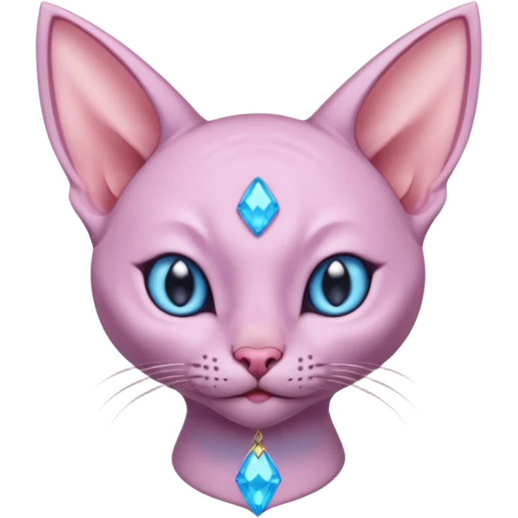 Light purple hairless cat like  body, pink gem middle of forehead, big pointy ears blue inside, ear like flaps coming out of both cheeks, end of tail split in two (full body) emoji