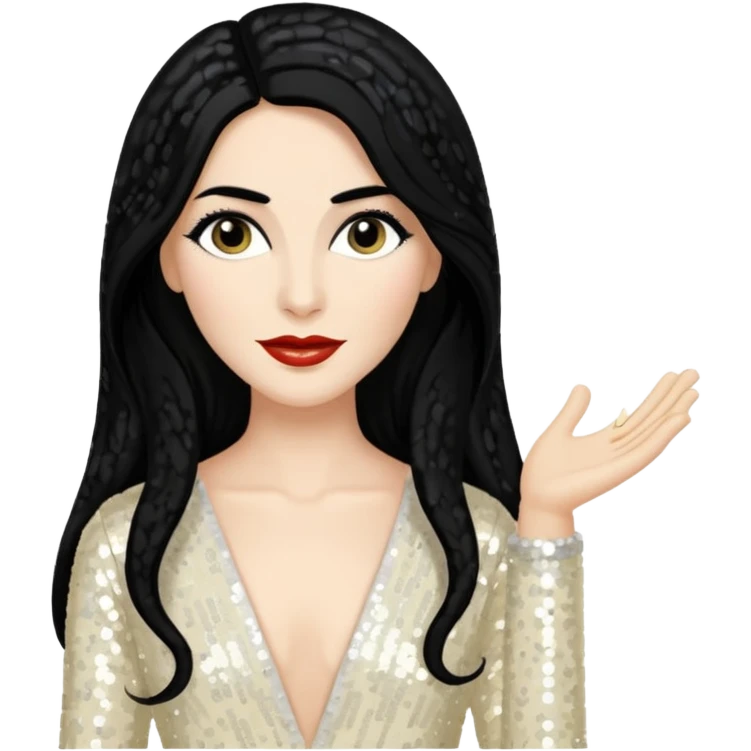 Tom "Conchita" Neuwirth with long black hair, ivory sequin outfit emoji