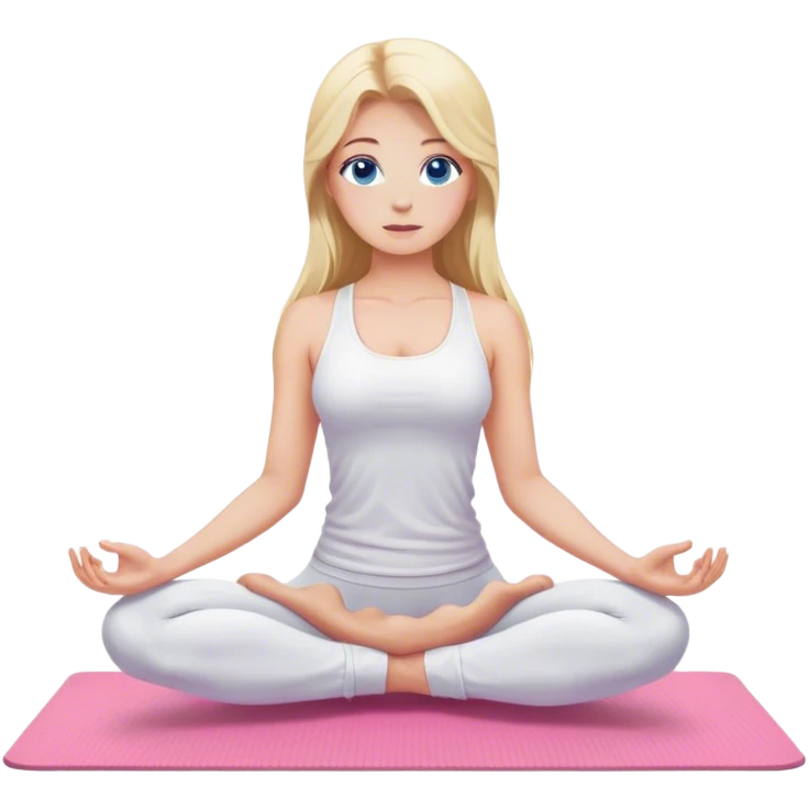 Cinematic realistic blonde with long hair and blue eyes, dressed in a white top and leggings, does yoga on a pink mat emoji
