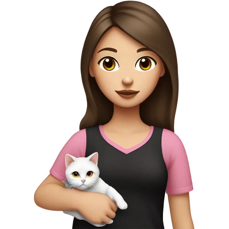 Medium light Girl with long dark brown hair hazel eyes and having pink lips wearing cute black shirt bringing two cat : white cat and calico cat emoji