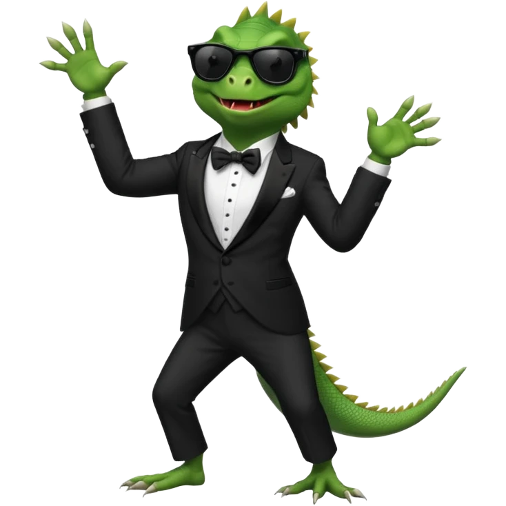 capitalist iguana in tuxedo with black sunglasses dancing emoji