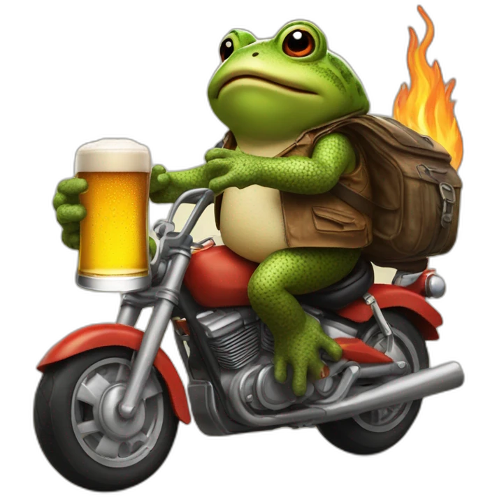 Toad in a motorbike with a beer in hand an fire souround emoji
