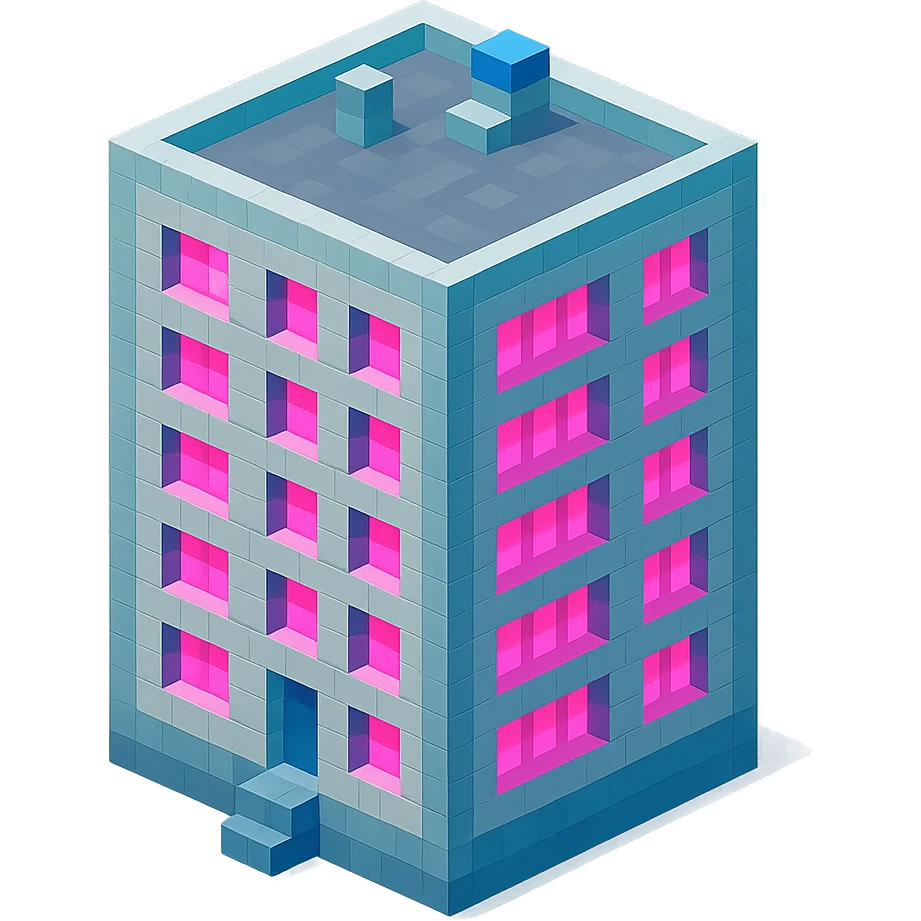 Russian panel apartment building, modern square block, light gray, windows with bright pink glow, isometric view emoji