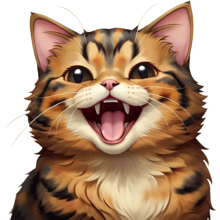 Cinematic Cute Yawning Tortoiseshell Cat Portrait Emoji, Head slightly tilted with a wide, adorable yawn and half-closed, dreamy eyes, featuring a warm, mottled fur of rich browns and blacks, simplified yet irresistibly cute, highly detailed, glowing with a soft, slumbering radiance, high shine, exuding a relaxed, drowsy charm, styled with a gentle, soft glowing outline, capturing the essence of a tortoiseshell cat in a precious moment of sleepy delight! emoji