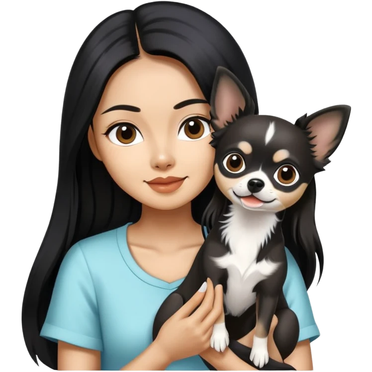 Thai woman with flowing black hair playing with a black and white Chihuahua dog emoji