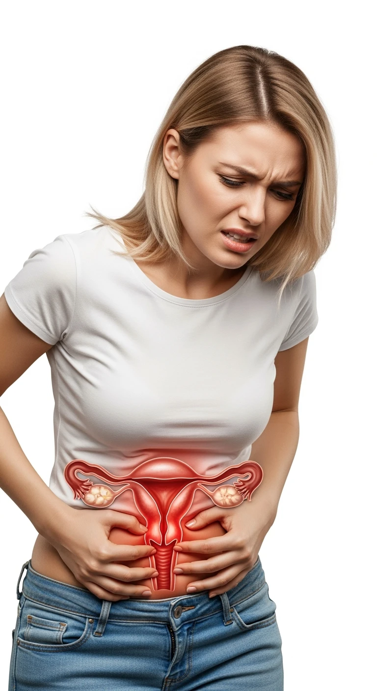 donna con utero umano realistico in evidenza dolorante, espressione di dolore in volto, sfondo bianco, iperrealistica 4k emoji