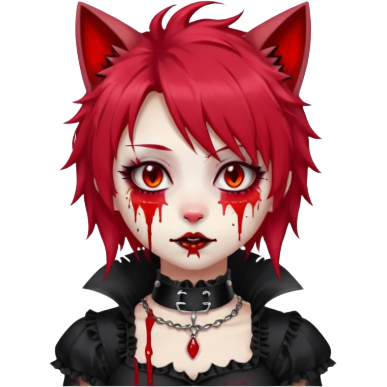 Shiny furry beautiful cute cool gorgeous attractive cute gothic anime cat-girl-lady with bloody hair, bloody lips, bloody face, blood-choker, spiked collar, frills, black dress, red rubies, messy tousled hair  emoji