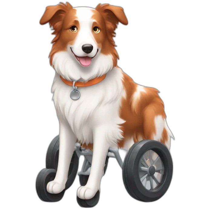 white and lighr brown speckled face red merle border collie in orange wheel chair emoji