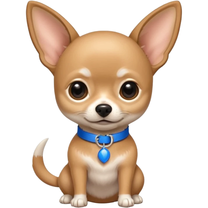 Fawn Chihuahua with a blue tail and a collar, the nickname "pivchik" is on the collar emoji
