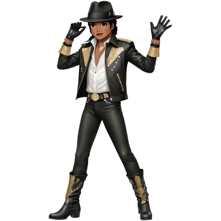 Icon for R&B Music: Michael Jackson on stage in full body, wearing his iconic concert costume—black leather jacket, sequined glove, fedora, and boots. He strikes a powerful pose, embodying the energy of R&B music. Transparent background. emoji