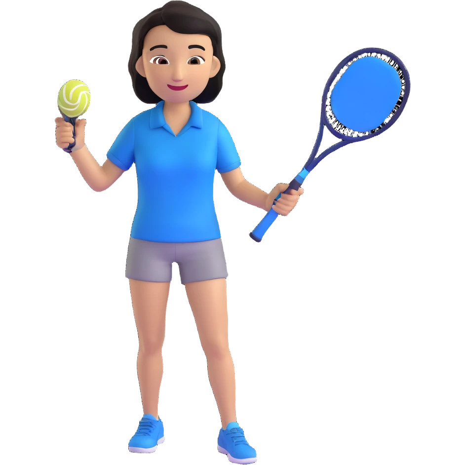 light brown skinned tennis coach, short straight black hair with widow's peak, oval face, small eyes, smiling, holding blue Yonex racket, wearing navy blue dry fit shirt emoji