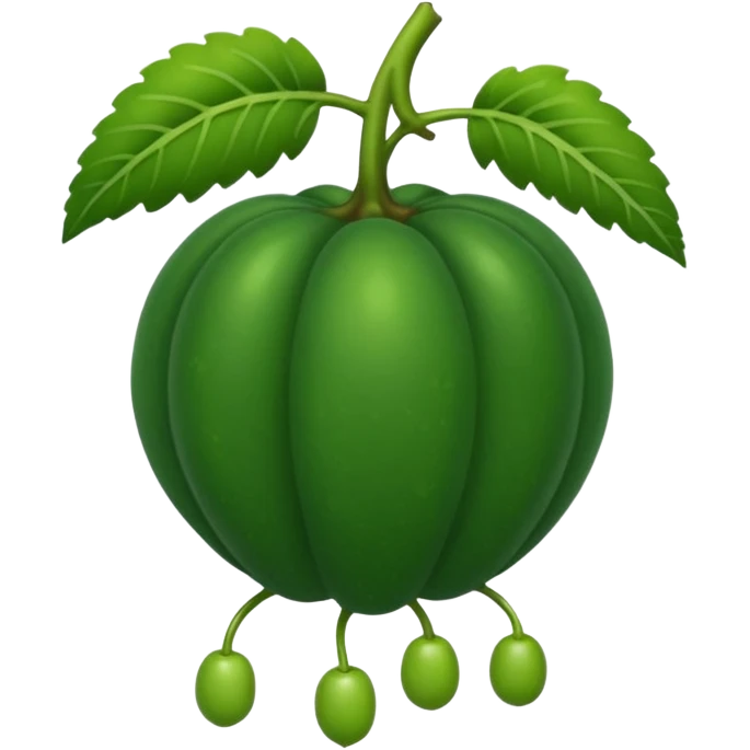 Un fruto verde oscuro con puntos verdes más oscuros Y con patas redondas y con un tallo con forma de C emoji