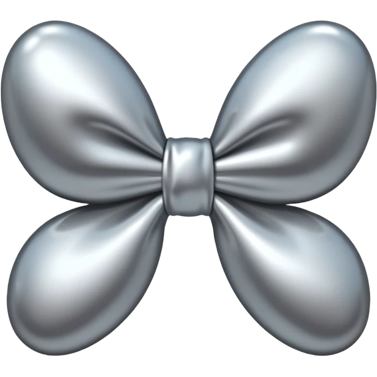 A cute bow emoji made of polished silver chrome, smooth rounded loops, glossy metallic surface, soft mirror reflections, subtle highlights, minimal and adorable proportions, iOS emoji style, centered composition, clean white background, soft studio lighting, no text, no outline, ultra high quality emoji