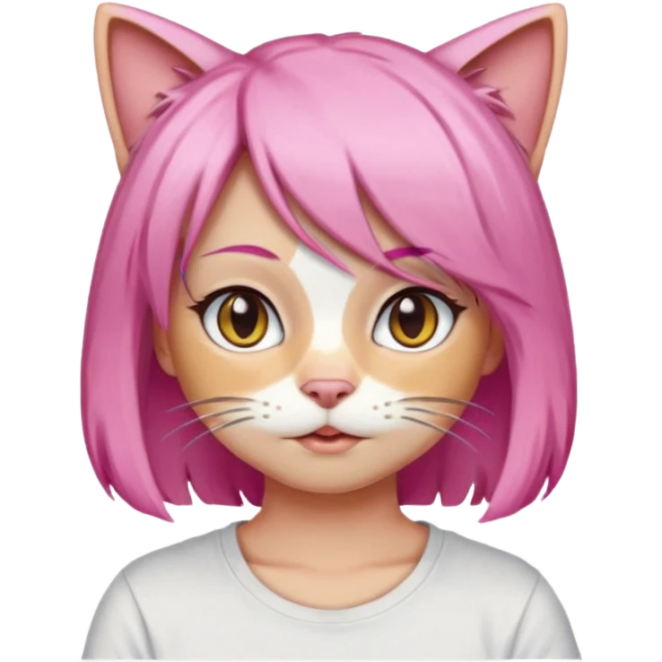 calico cat wear pink hair wig, white T-shirt emoji