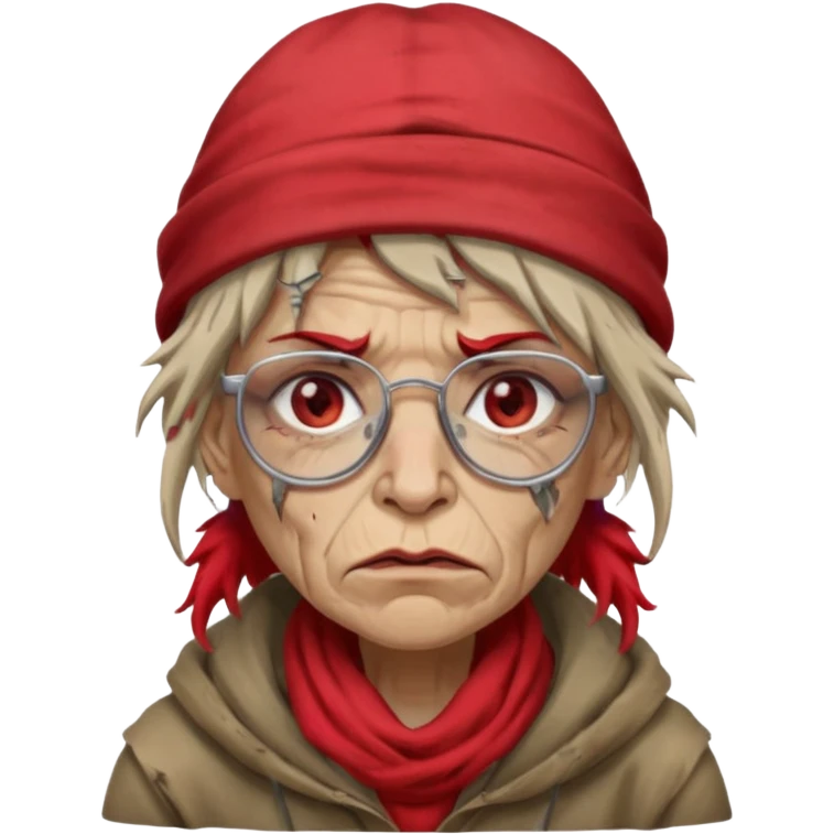 very dirty looking homeless woman with ripped red hat with ugly hair and broken glassess emoji