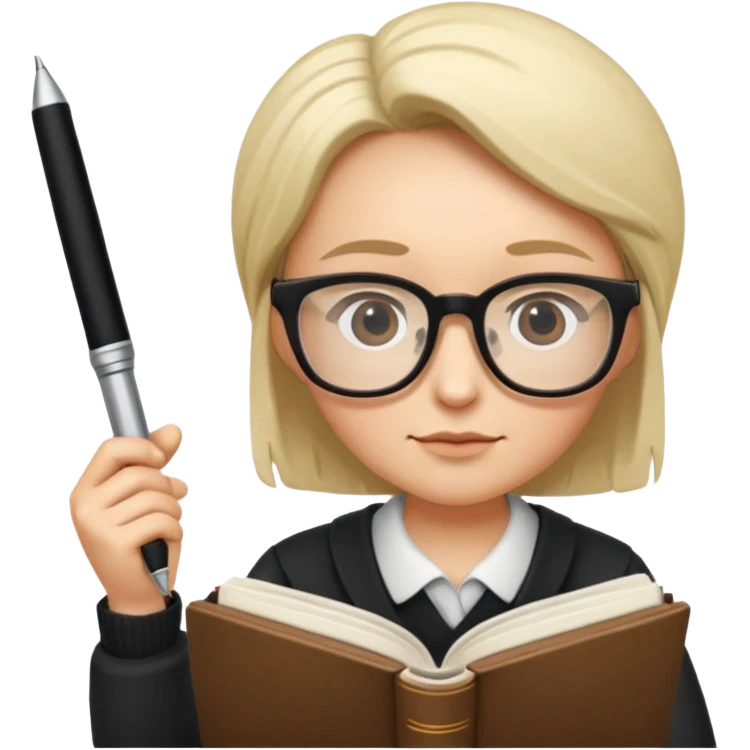 writer holding big pen in hand and closed book in other hand, wearing glasses emoji