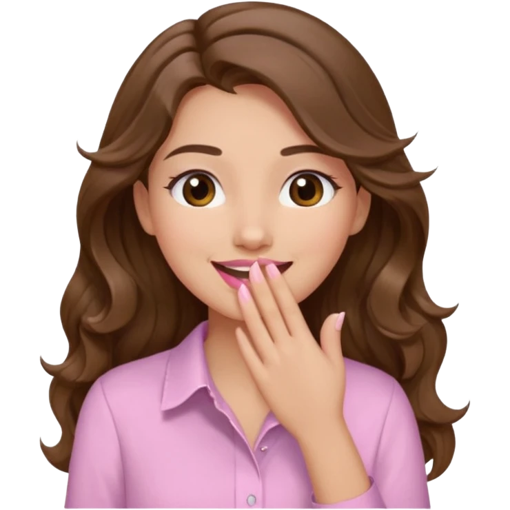 girl with wavy long brown hair, brown eyes, light to medium complexion, long lashes, light pink lipstick, wearing light pink shirt, sexy, gigling hand covering mouth emoji