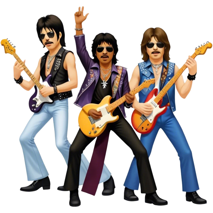 Icon for Rock Music: collage of iconic rock musicians—Klaus Meine, Jimi Hendrix, Kurt Cobain, Freddie Mercury, and Ozzy Osbourne—playing electric guitars and singing on stage. Capturing the powerful energy and rebellious spirit of rock. Transparent background. emoji