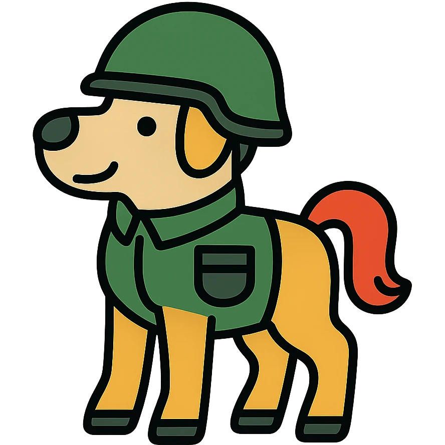 Comical character that is half dog half pony wearing soldier attire with helmet emoji