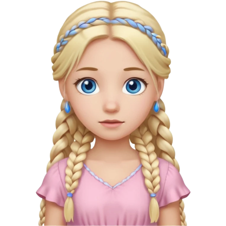 فتاة لون عيونها ازرق ولون شعرها اشقر طويل و تسريحة الشعر ضفرتين ولابسة فستان وردي فاتح  emoji