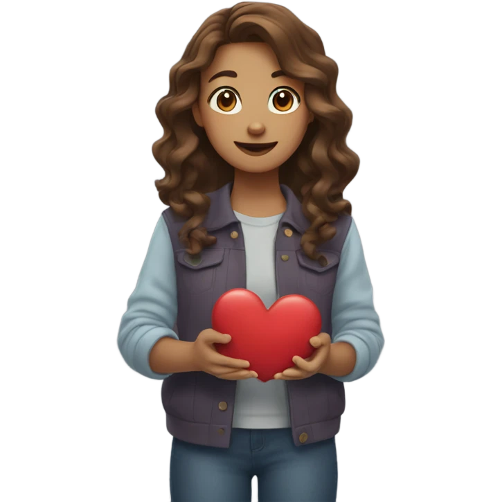 girl with brown wavy hair holding up heart hands emoji