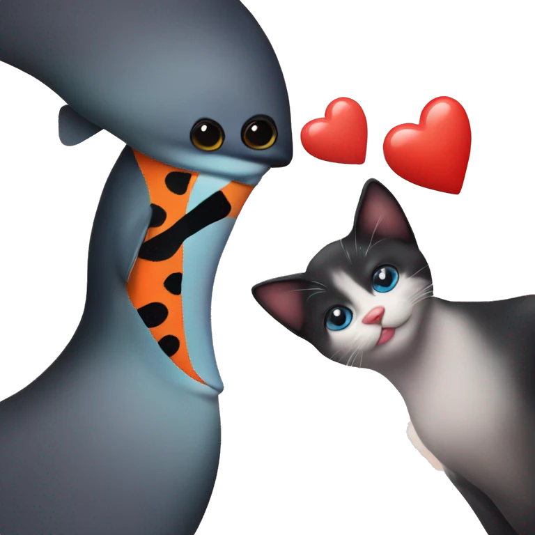 Clown fish kissing black cat with hearts  emoji