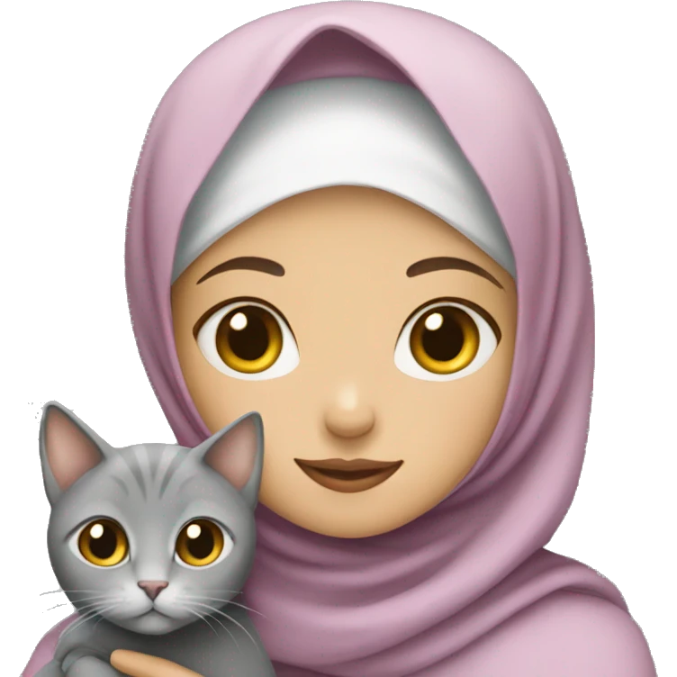 Girl with Hijab holds a grey cat emoji