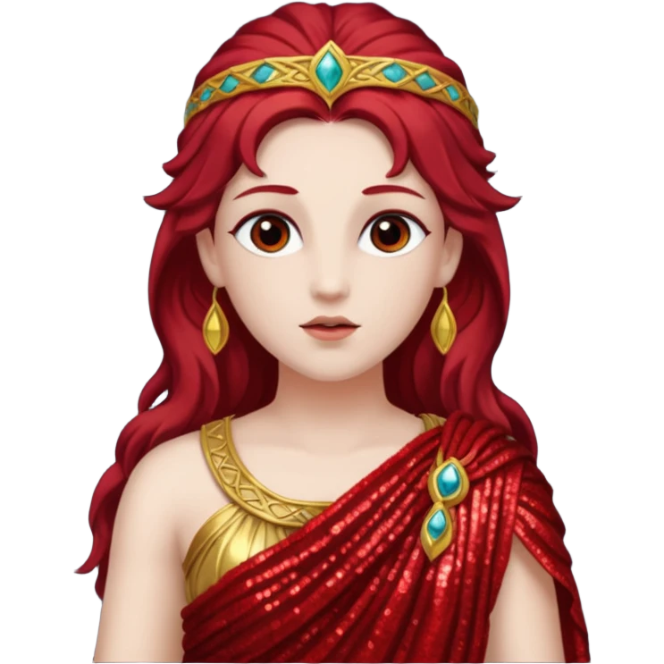 Vesta, Goddess from Hearth Roman Deities with long dark red hair, red sequin toga emoji