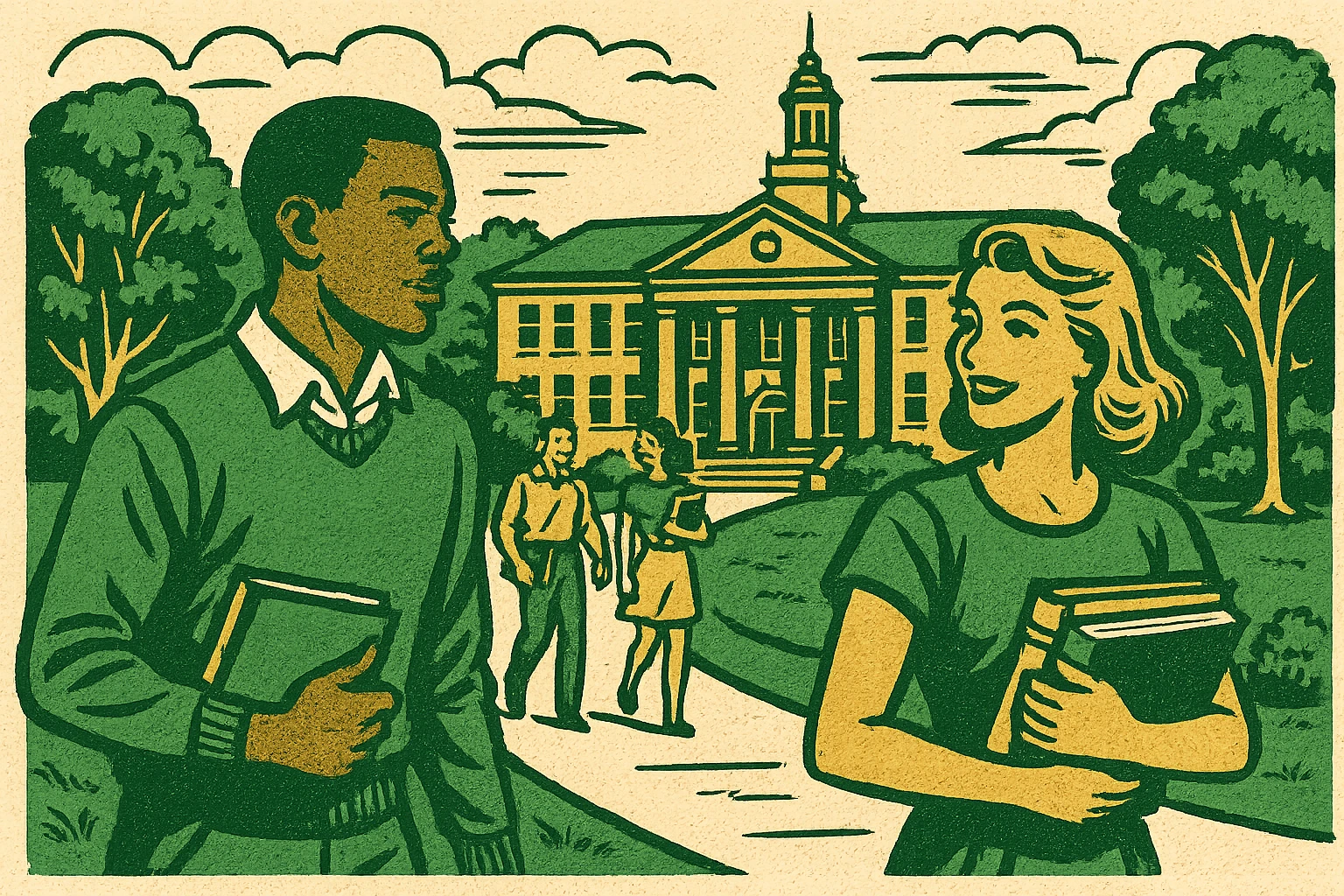 college campus scene, classic look, green gold and white color scheme, elegant lines, decorative details emoji