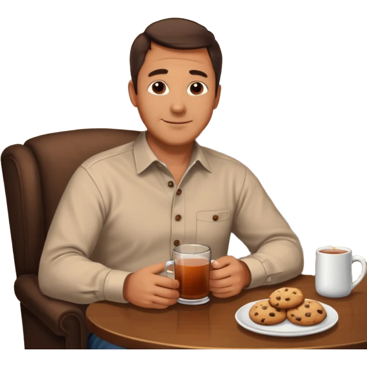 Cozy handsome 45 year old man sitting next to a nice fireplace with a hot apple cider, book, and plate of chocolate cookies. emoji