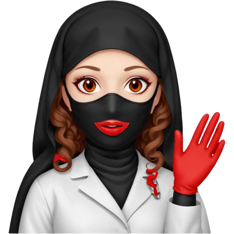 


Scary woman scalpel in hand, evil surgeon sexy surgeon clothes.  She has redcolored  eyes. Her  hair only is free ne brown long curly hair. Wears sexy doctor outfit with red gloves. make her wear full Muslim burka to mask and nose mouth mask  to hide. Wears white surgeon coat, wears  stilettos emoji
