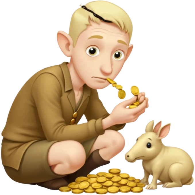 A hunched man with a greedy expression and a long nose counting his coins emoji