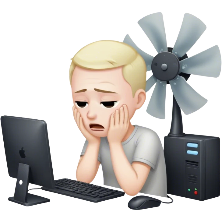 A guy on a pc with a fan on the roof and crying emoji