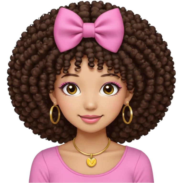 Naturally tan skin girl short darkBrown curly afropink shirt very long lashes hoop gold earrings Brown eyes gyaru smiling closed mouth cute non perfect circular afro. Pink bow hairclip emoji