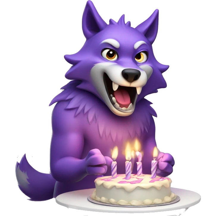 Purple, anthropomorphic wolf blowing out birthday candles emoji