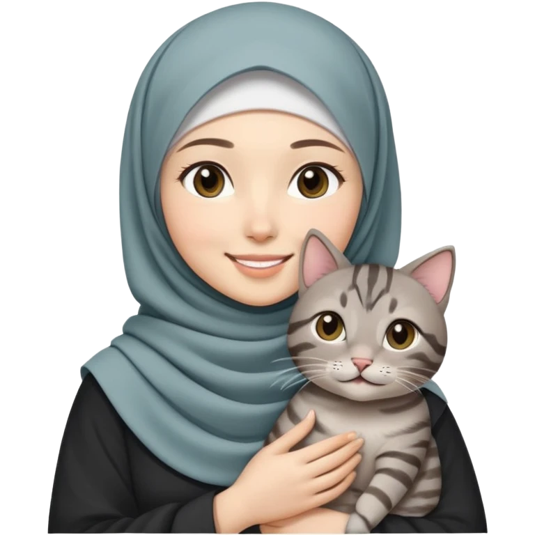 Asian White girl wearing hijab holding a black grey tabby cat while smiling.  emoji