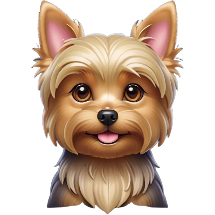Cinematic Cute Yorkshire Terrier Portrait Emoji, Head perked with bright, twinkling eyes and a perky expression, showcasing a soft, silky fur in rich hues, simplified yet adorably detailed, glowing with a cheerful, inviting glow, high shine, exuding playful intelligence and spunky charm, styled with a gentle, whimsical outline, capturing the essence of a cute Yorkshire Terrier that appears ready to frolic off the screen with irresistible energy! emoji