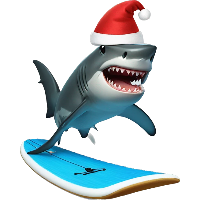Shark on a surf board wearing Santa hat emoji