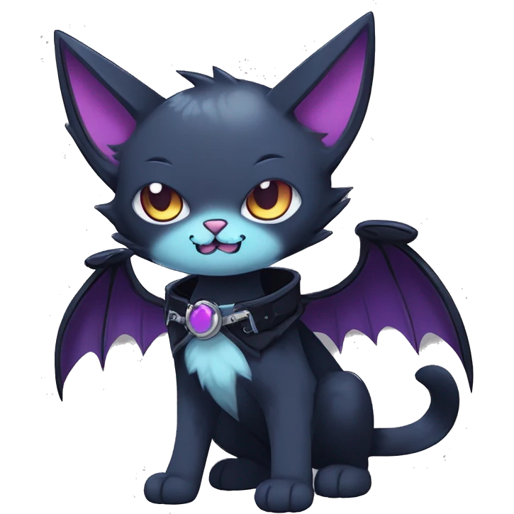   cool edgy kawaii anime-style ethereal dark-punk-themed animal vampiric cat-hybrid Fakemon with fangs and bat-wing-ears with a collar full body emoji