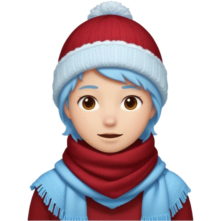 Fantasy human portrait emoji, deep red winter scarf covered with light frost, cozy but cold winter mood, slightly rosy cheeks, icy blue shadows, clean minimal emoji style, male/female variant
 emoji
