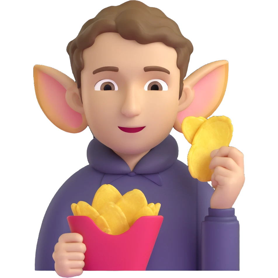 Man with short wavy hair, large ears, holding potato chips emoji