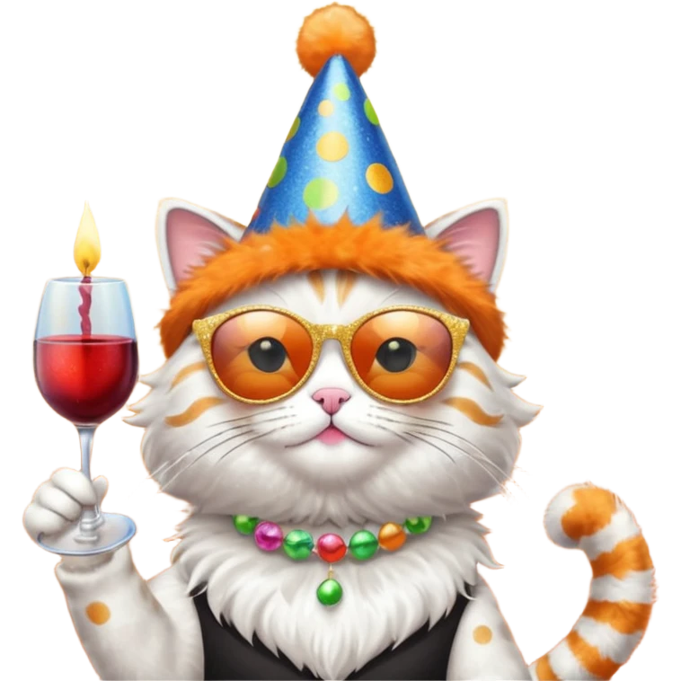 happy cat with a massive glittery birthday hat, black sunglasses, and a wine glass emoji