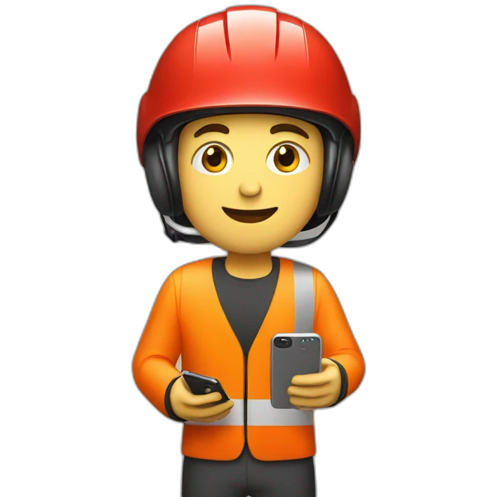 young guy with red bicycle helmet wearing a high visibility suit holding up a smart phone emoji