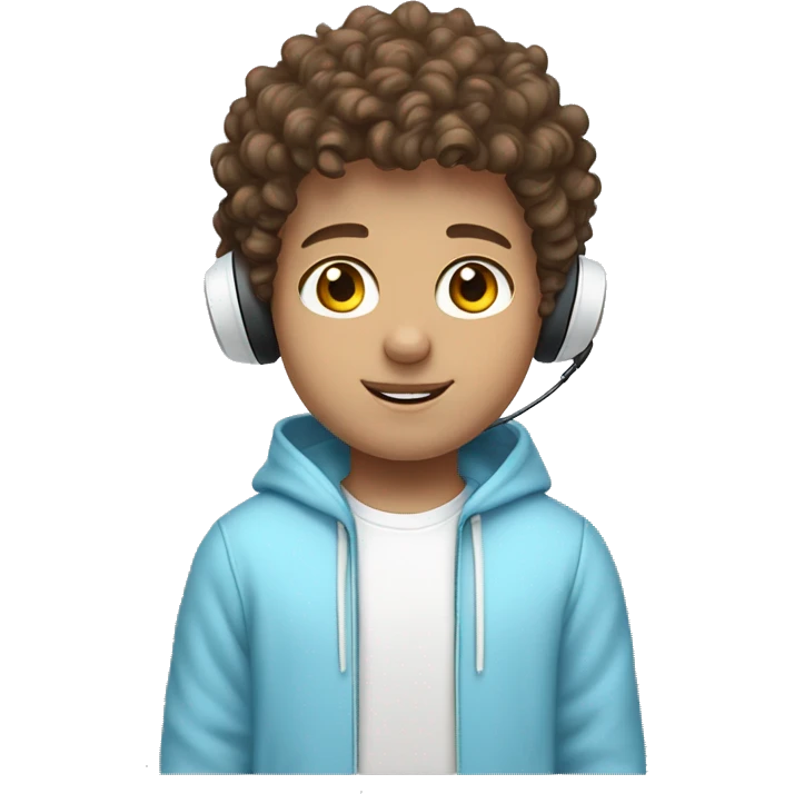 brown short curly haired brown eyed boy who is white and is wearing a white wireless headset and light blue hoodie emoji