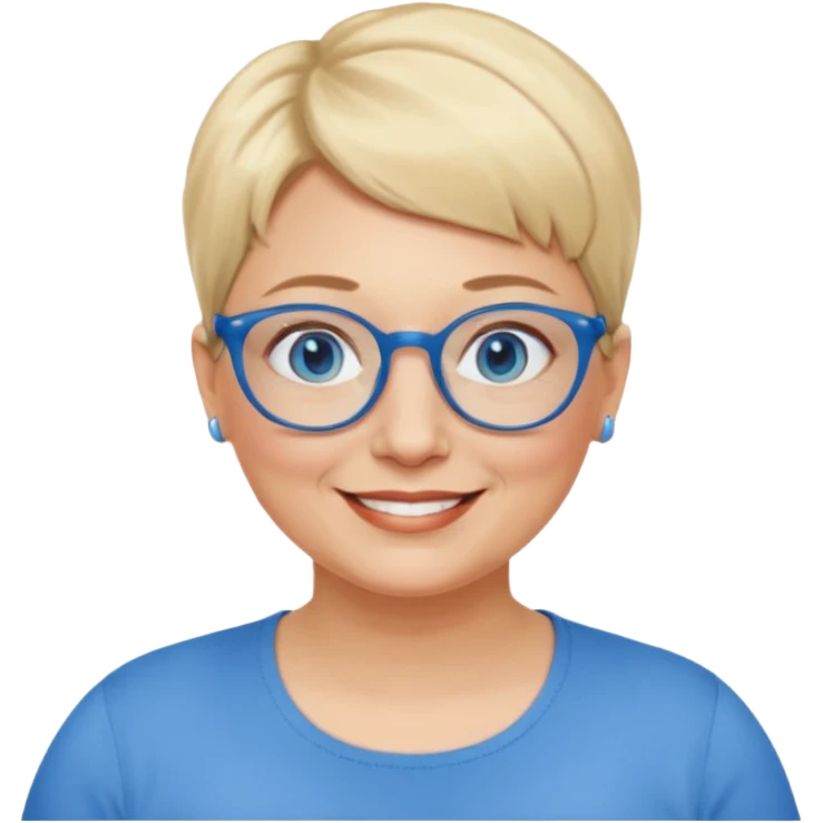 woman 50 years old, very short blonde hair, blue eyes and blue round glasses smile and overweight emoji